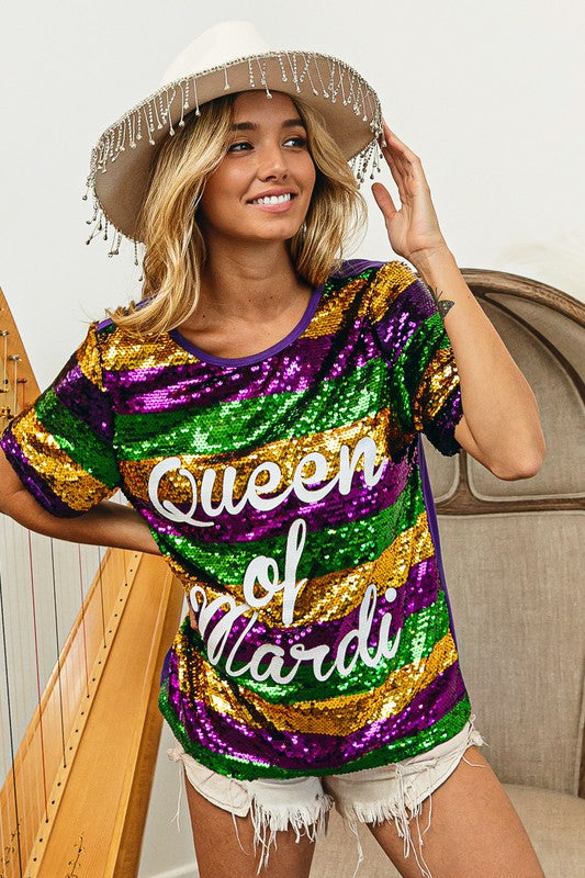 Queen of Mardi Printed Stripe Sequins T-shirt