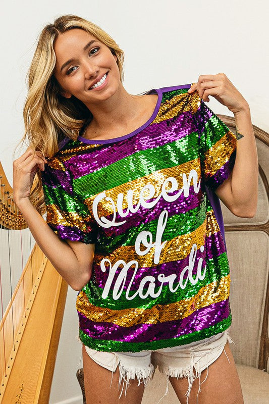 Queen of Mardi Printed Stripe Sequins T-shirt