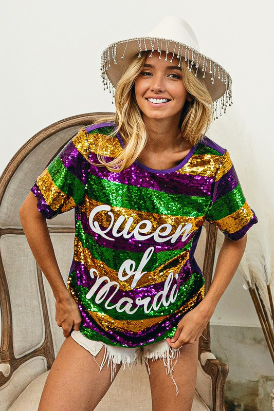 Queen of Mardi Printed Stripe Sequins T-shirt