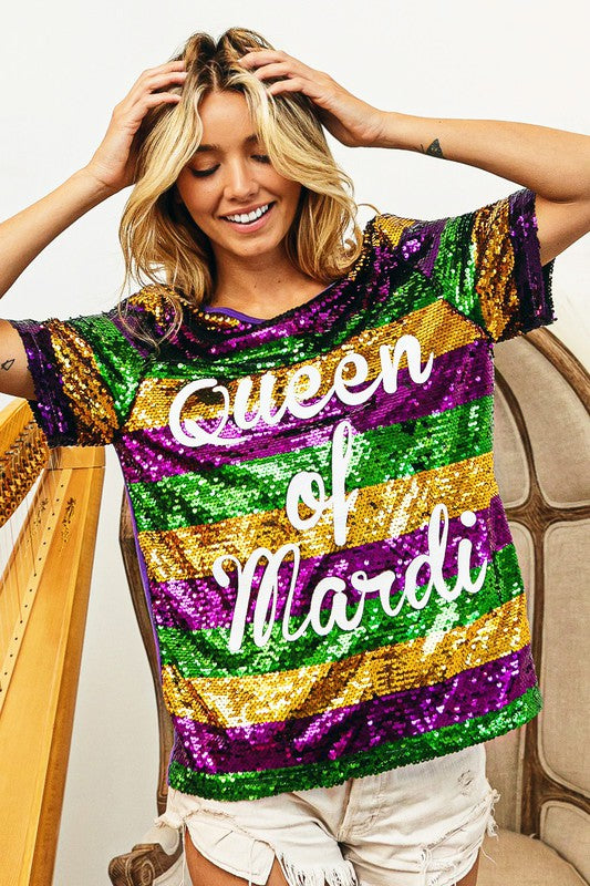 Queen of Mardi Printed Stripe Sequins T-shirt