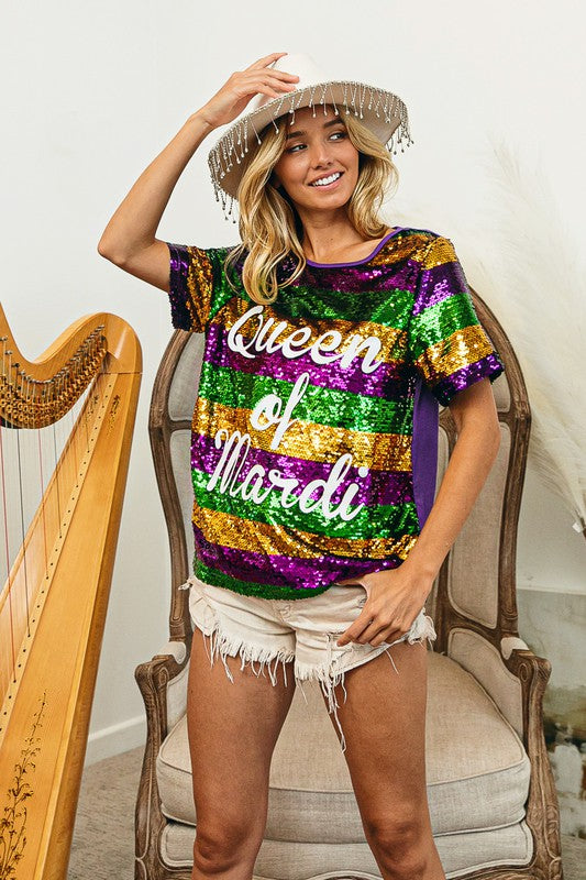 Queen of Mardi Printed Stripe Sequins T-shirt