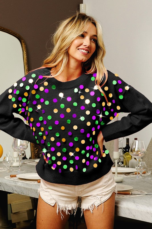 Mardi Gras Colors Spangled Knit Pullover