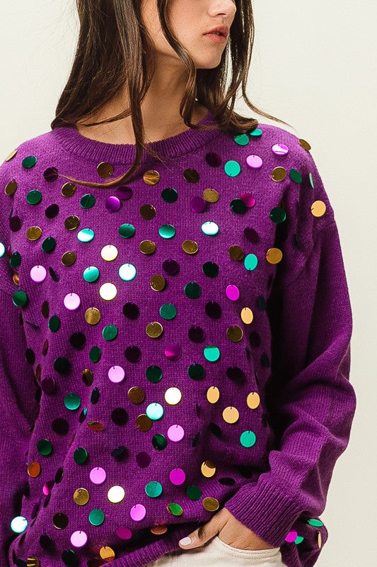 Mardi Gras Colors Spangled Knit Pullover