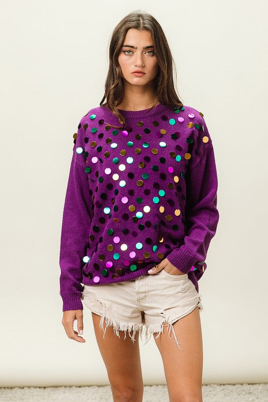 Mardi Gras Colors Spangled Knit Pullover