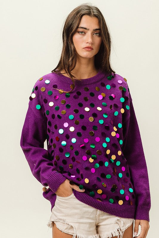 Mardi Gras Colors Spangled Knit Pullover