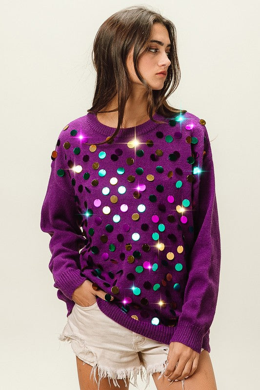 Mardi Gras Colors Spangled Knit Pullover