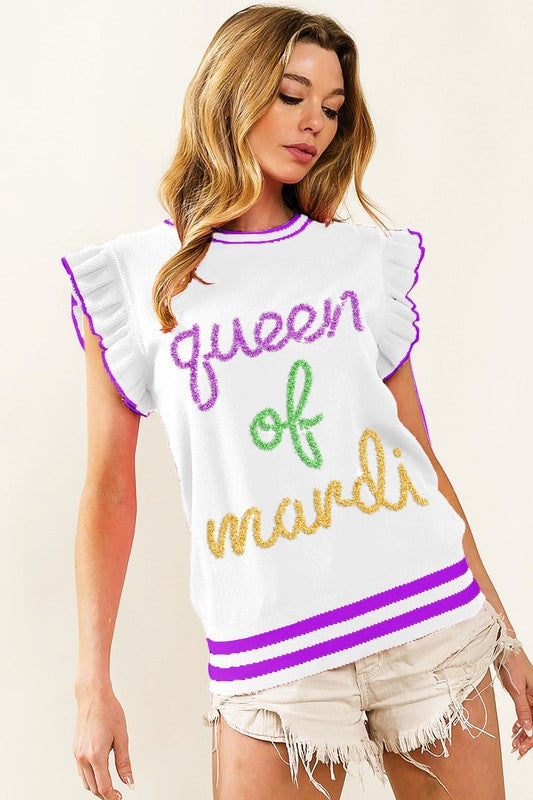 Queen Of Mardi Ruffled Armhole Sleeveless Knit Top