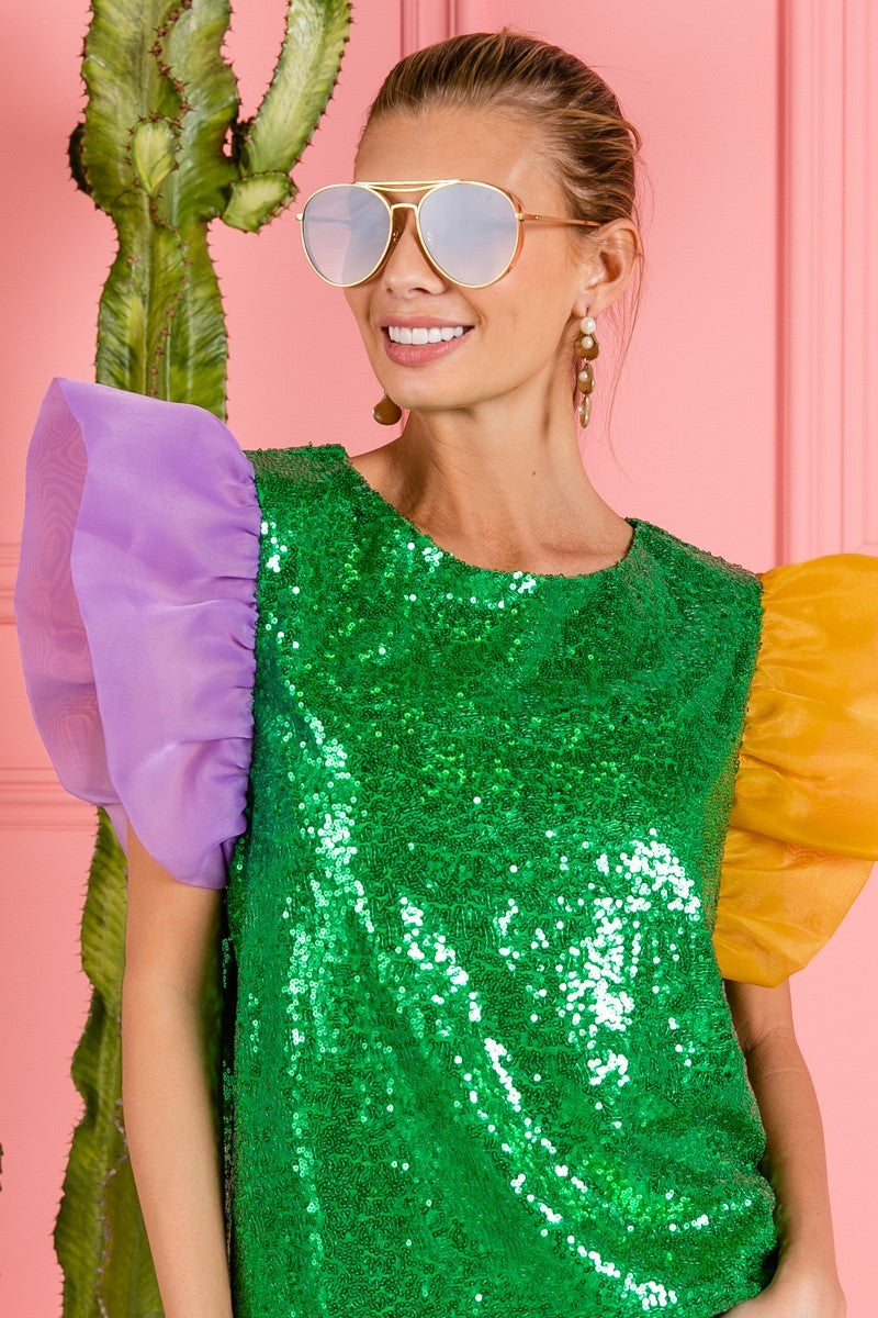 Mardi Gras Color Block Sequin Top Organza Sleeve