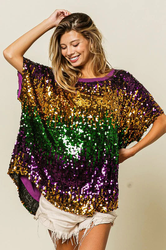 Mardi Gras Sequin Color Block Top