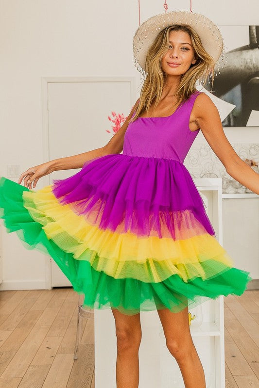 Mardi Gras Color Block Layered Mesh Tiered Dress