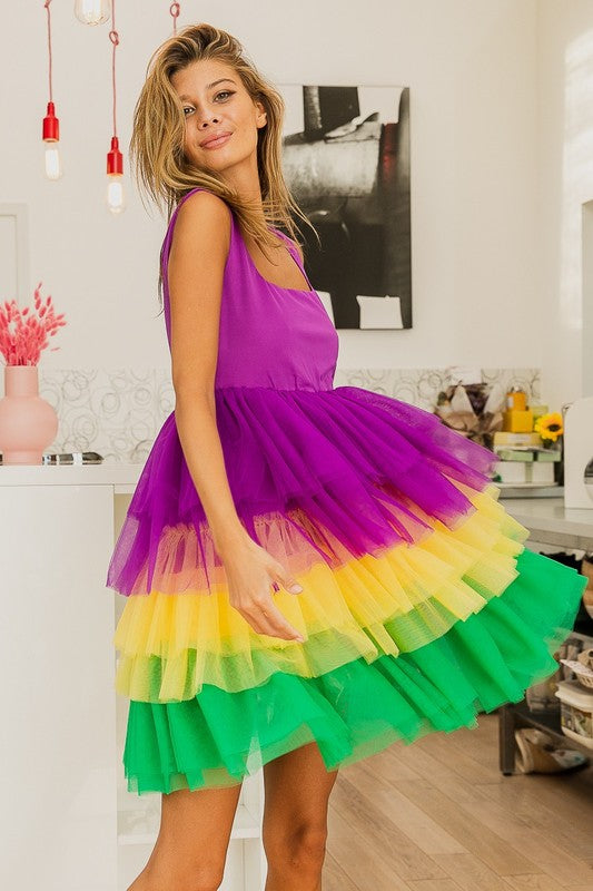 Mardi Gras Color Block Layered Mesh Tiered Dress