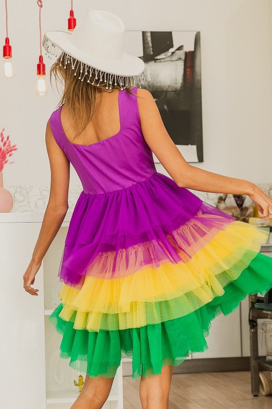 Mardi Gras Color Block Layered Mesh Tiered Dress