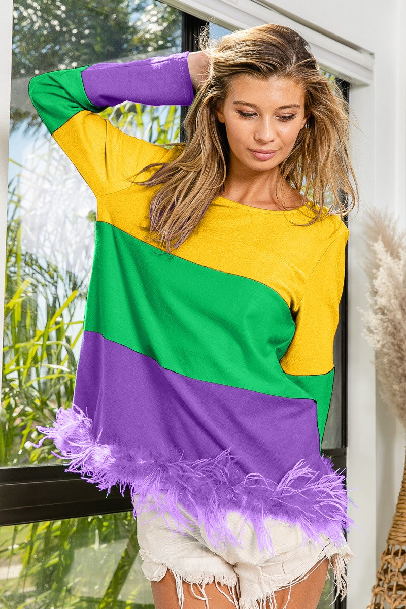 Mardi Gras Color Block Faux Feather Hem Top