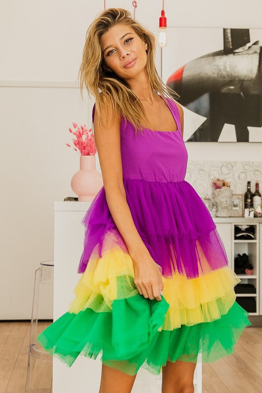 Mardi Gras Color Block Layered Mesh Tiered Dress