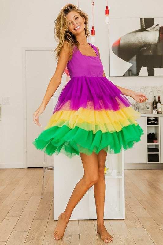 Mardi Gras Color Block Layered Mesh Tiered Dress