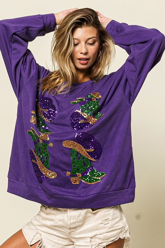 Mardi Gras Western Boots Pullover