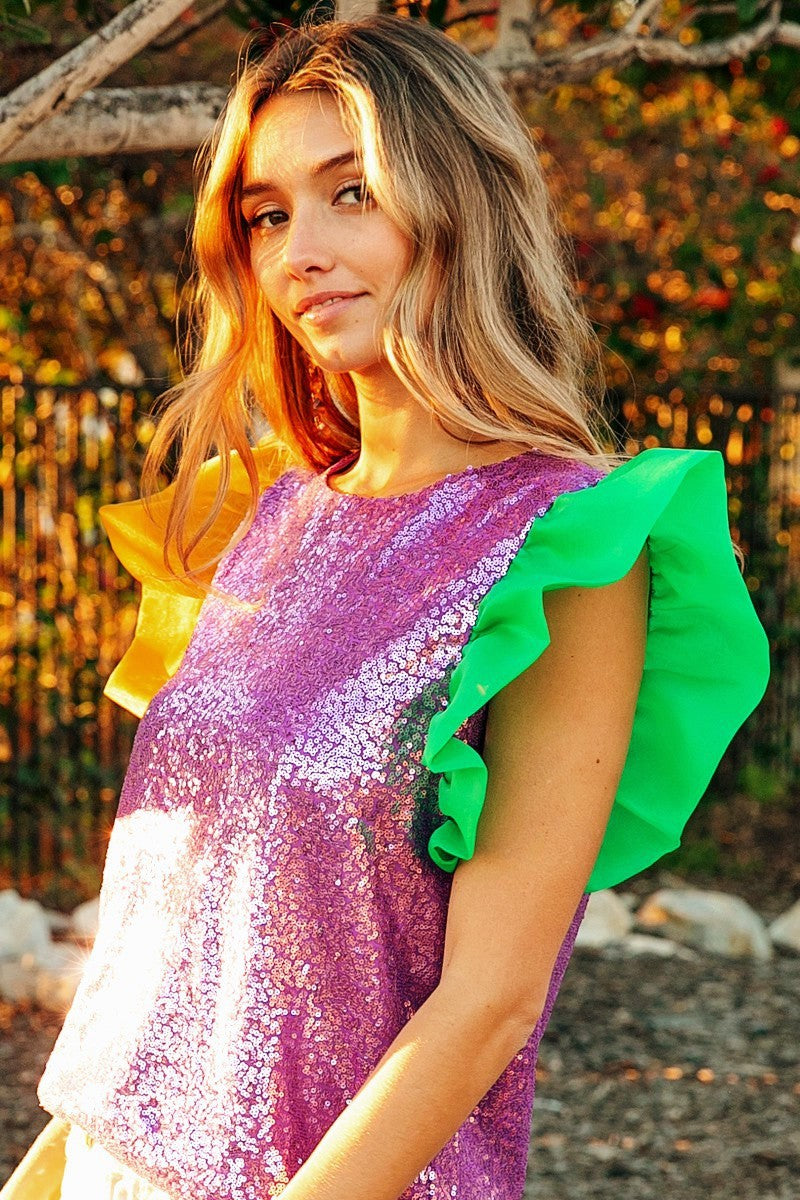 Mardi Gras Color Block Sequin Top Organza Sleeve