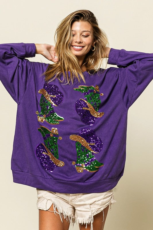 Mardi Gras Western Boots Pullover