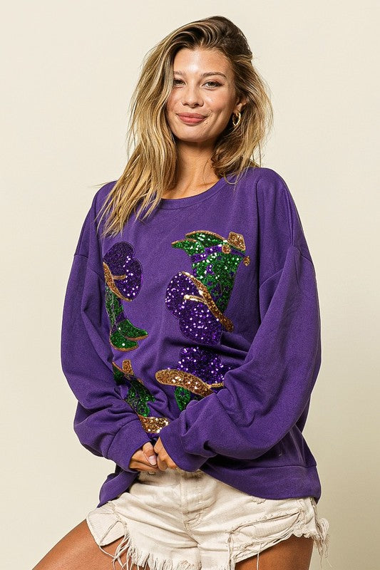 Mardi Gras Western Boots Pullover