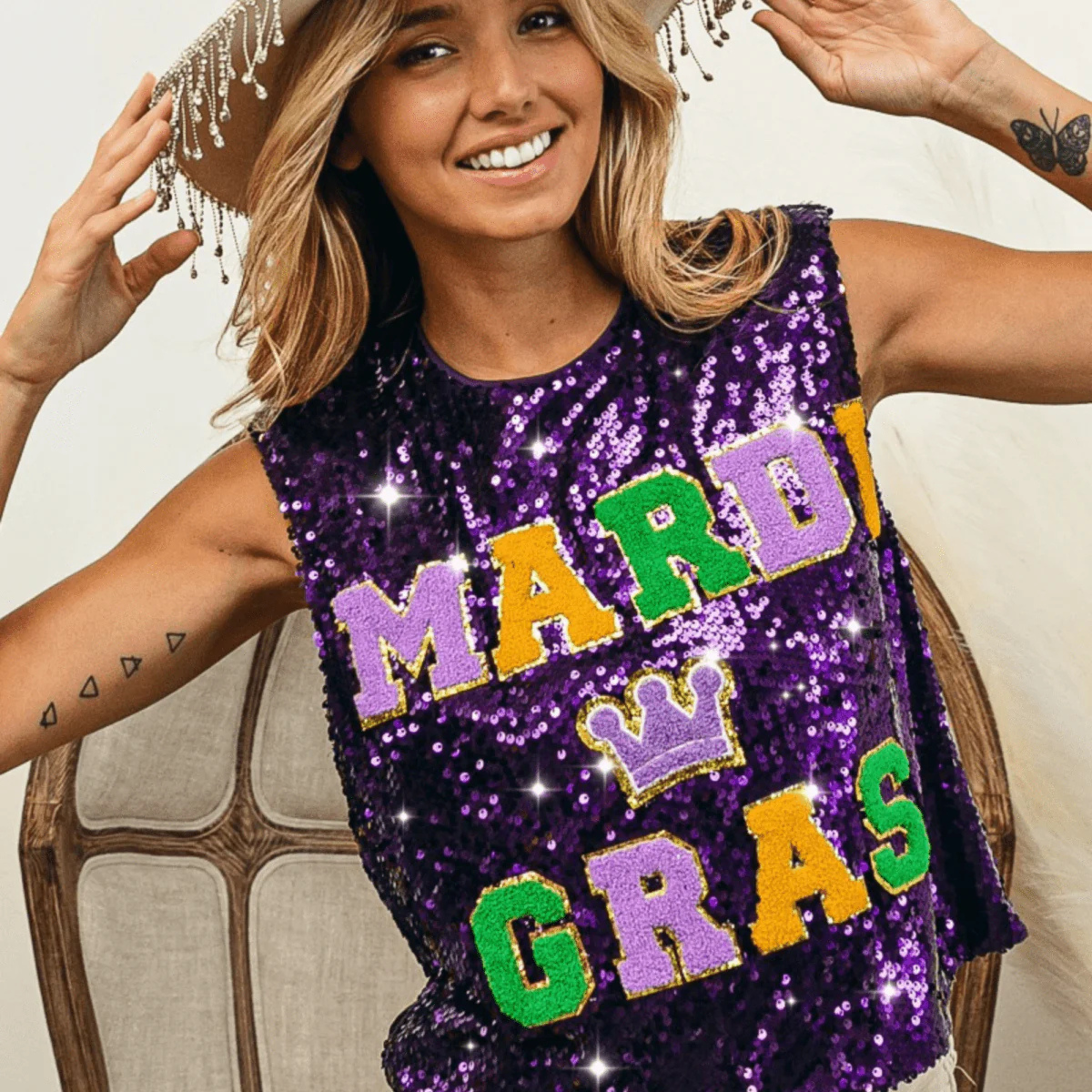 Mardi Gras Letter Patches Sequin Sleeveless Purple Top