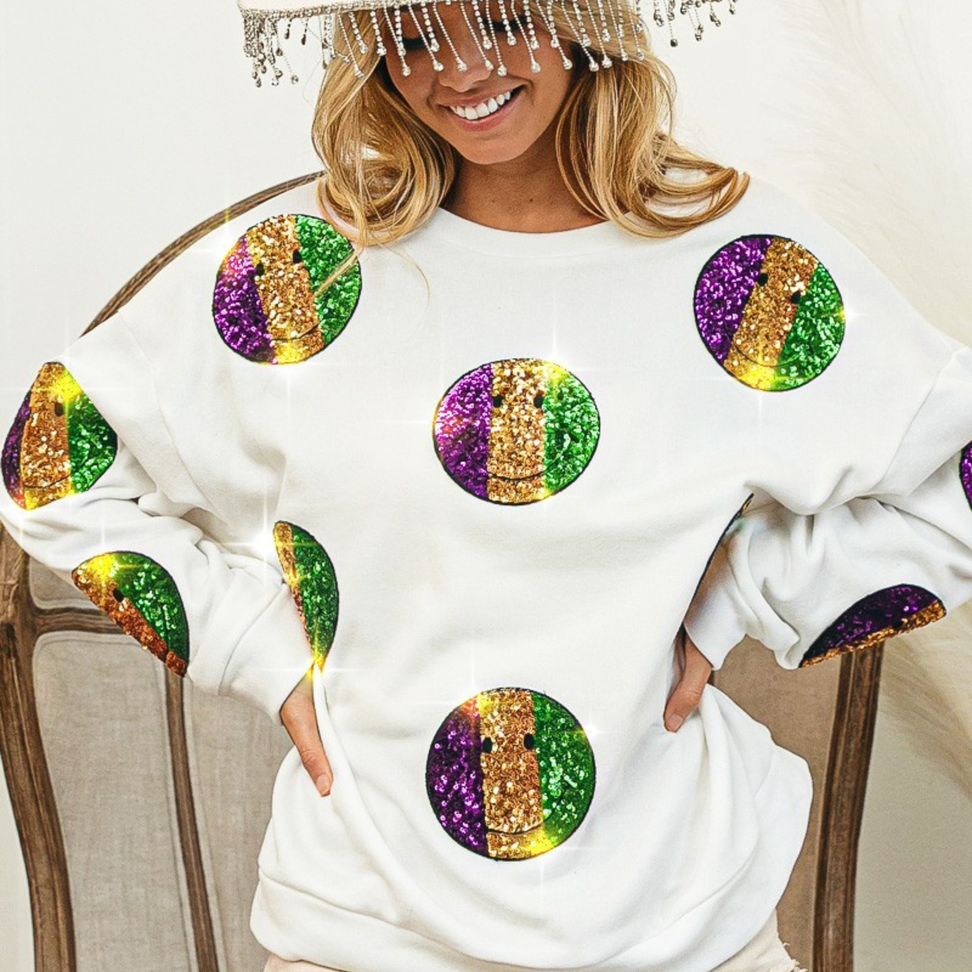 Mardi Gras Smiley Sequin Patches Sweatshirt