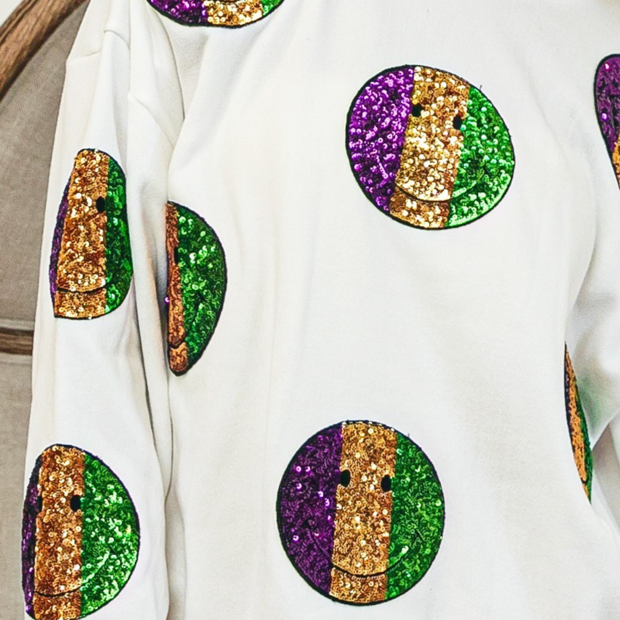 Mardi Gras Smiley Sequin Patches Sweatshirt