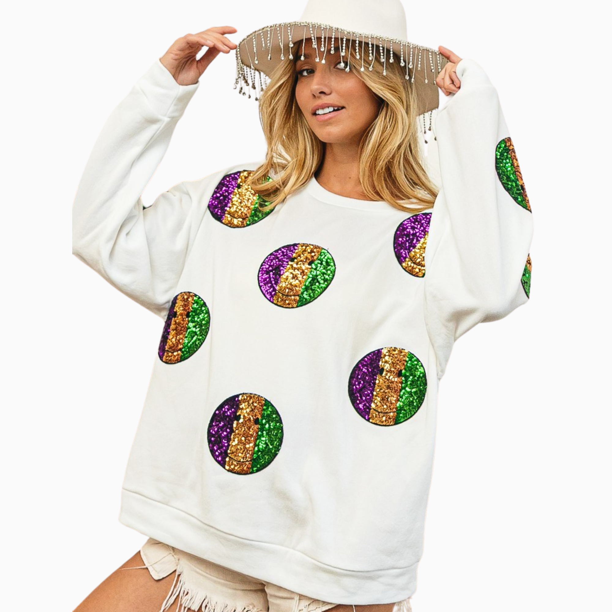 Mardi Gras Smiley Sequin Patches Sweatshirt