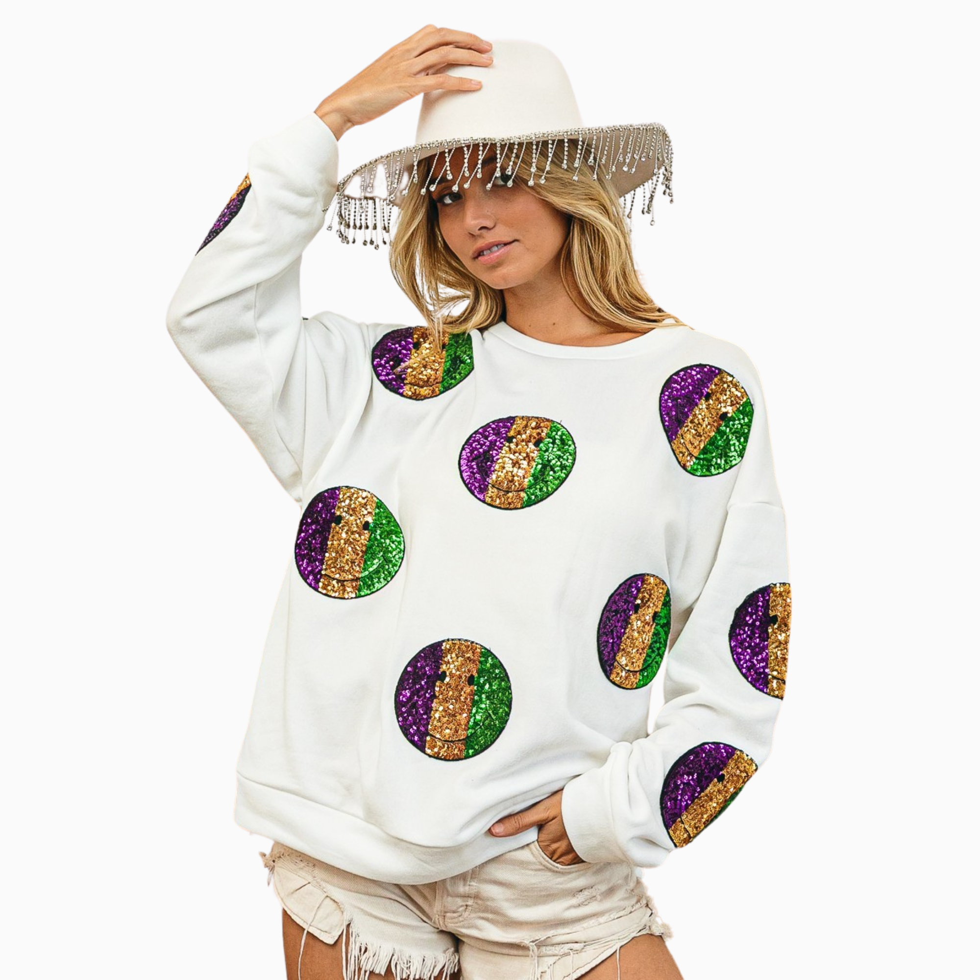 Mardi Gras Smiley Sequin Patches Sweatshirt