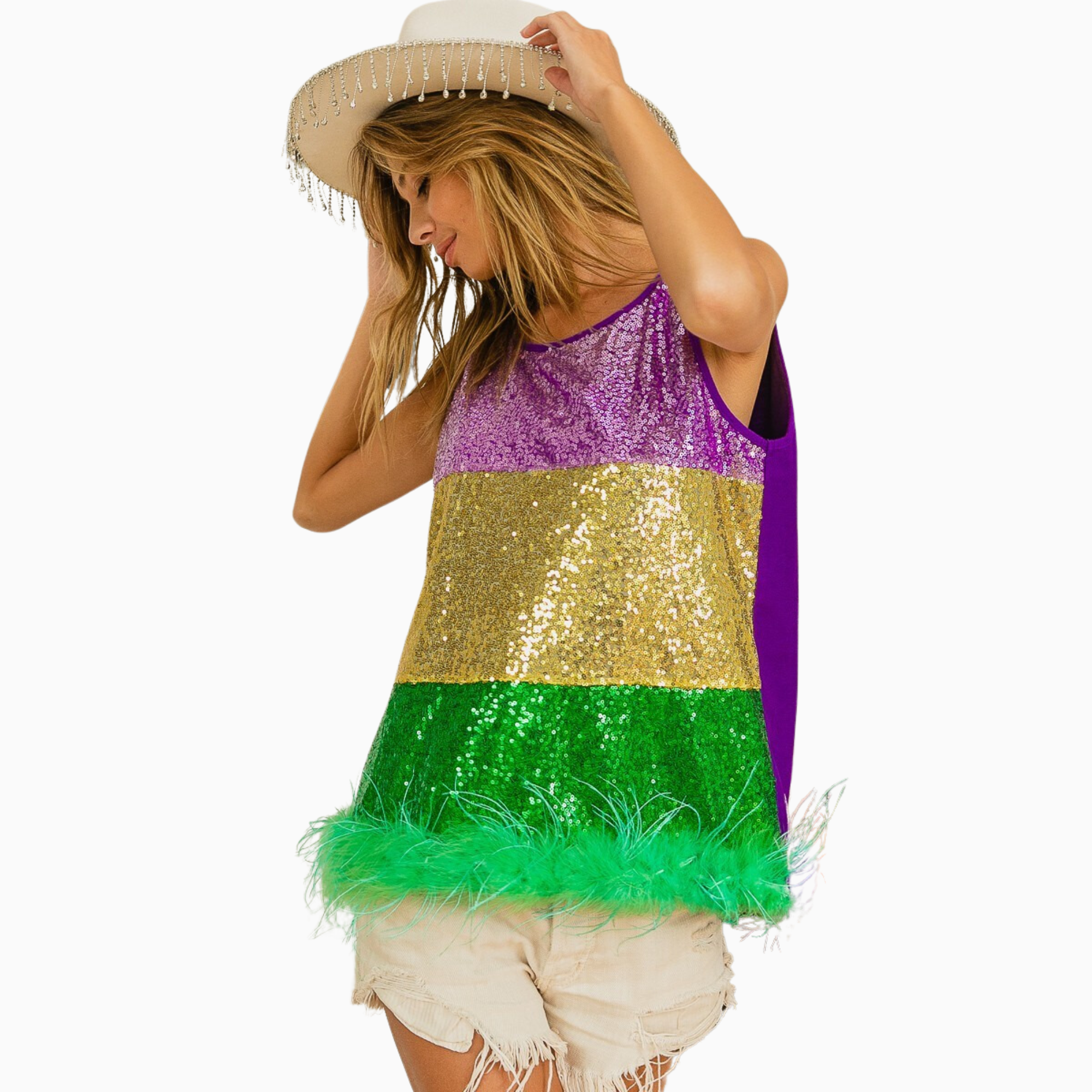 Mardi Gras Color Block Faux Feather Hem Sequin Top