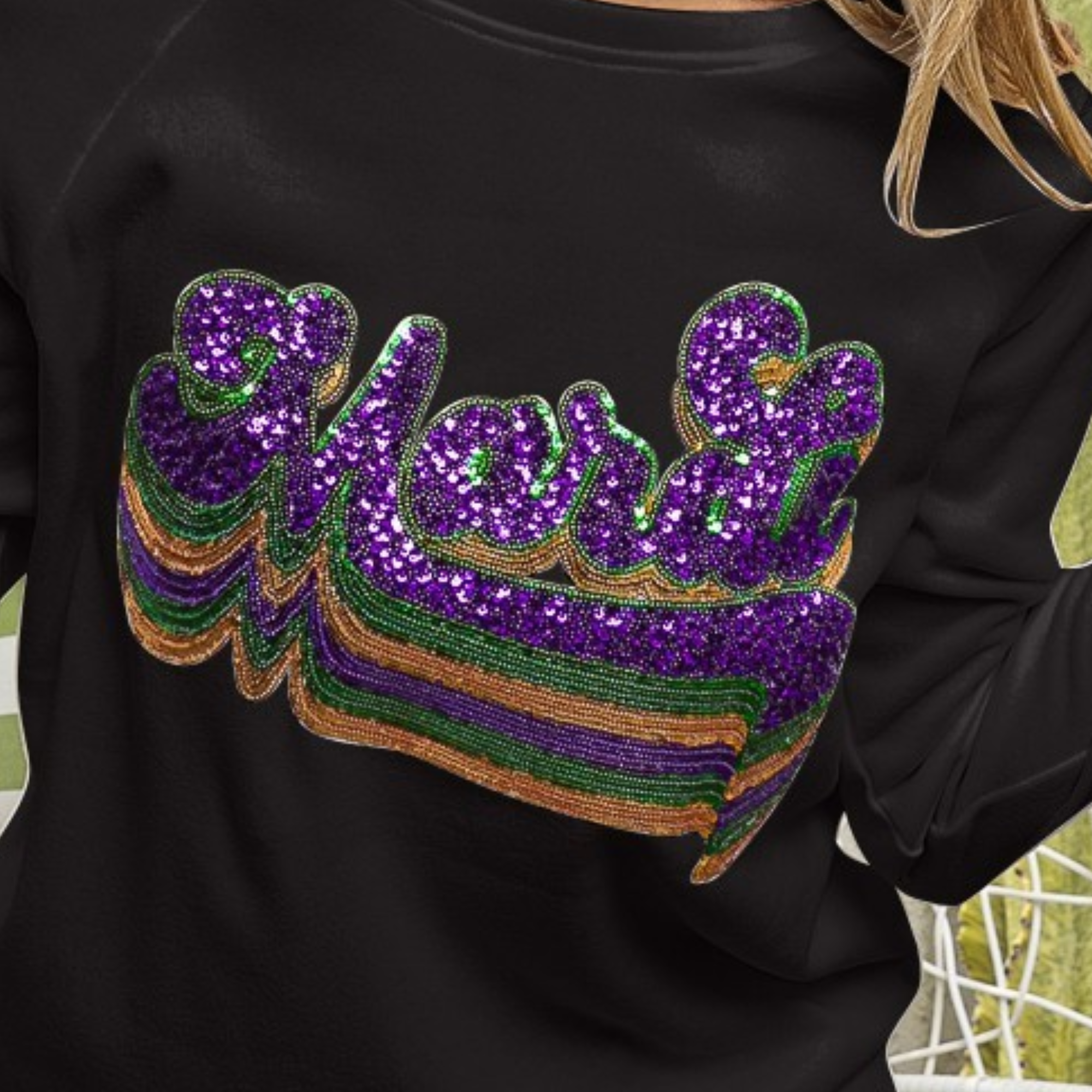 Layered Mardi Sequin Lettering Pullover