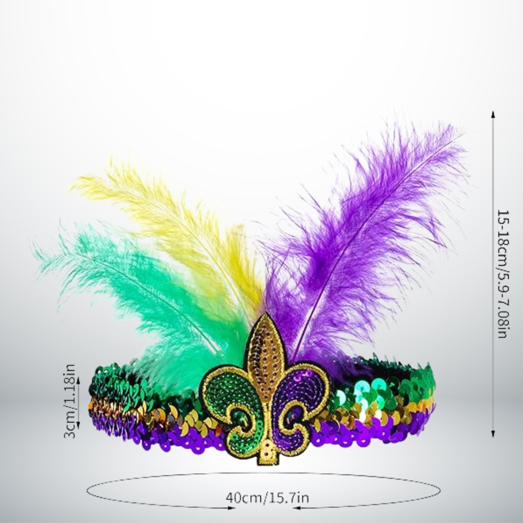 Close-up of Mardi Gras headband showing sequins and feathers in traditional colors.