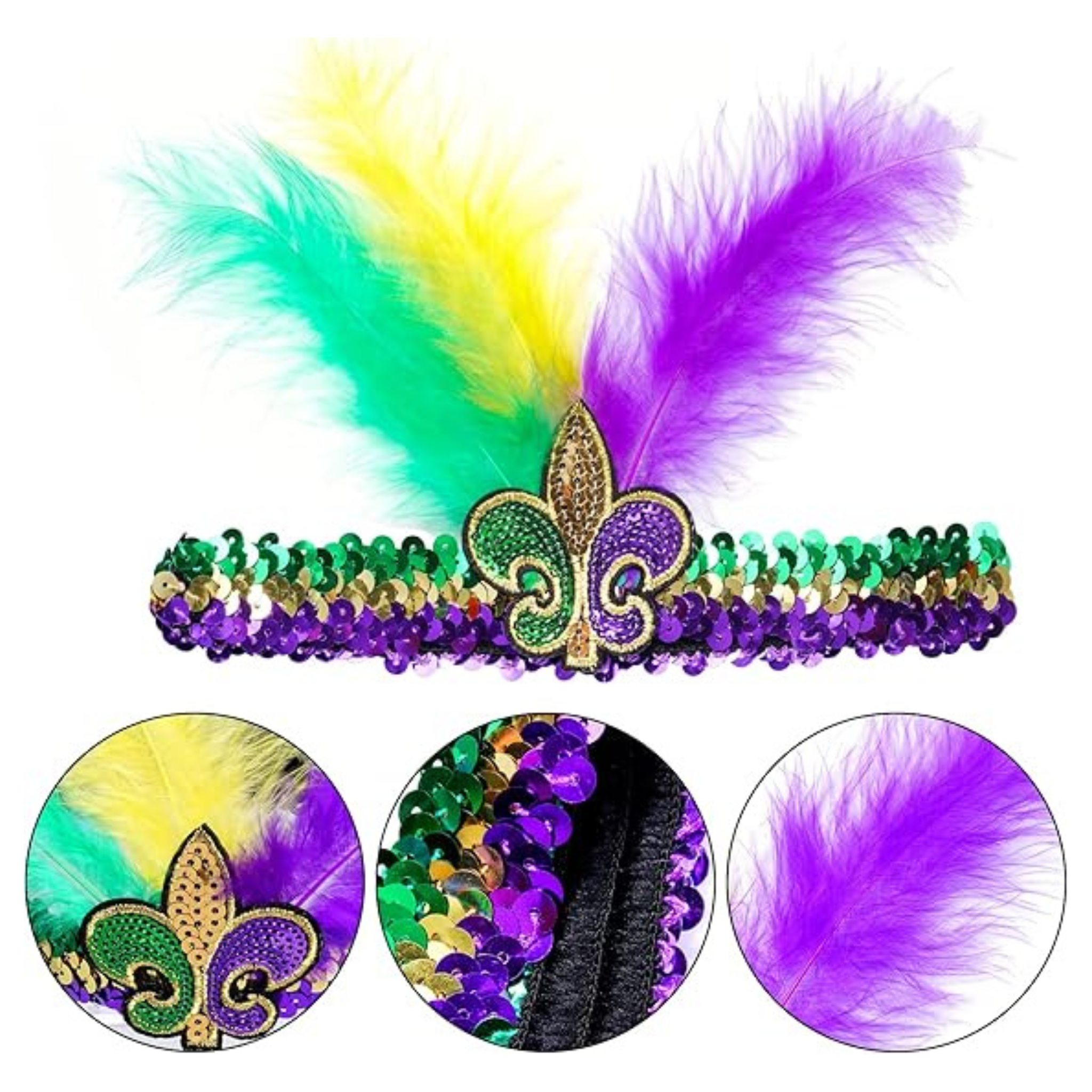 Mardi Gras Sequin Fleur De Lis Feather Headband with green, gold, and purple sequins