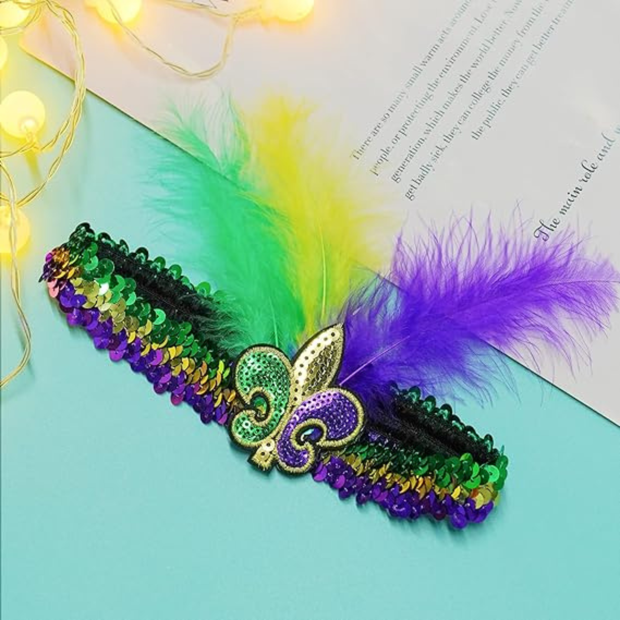 Mardi Gras Sequin Fleur De Lis Feather Headband with green, gold, and purple sequins