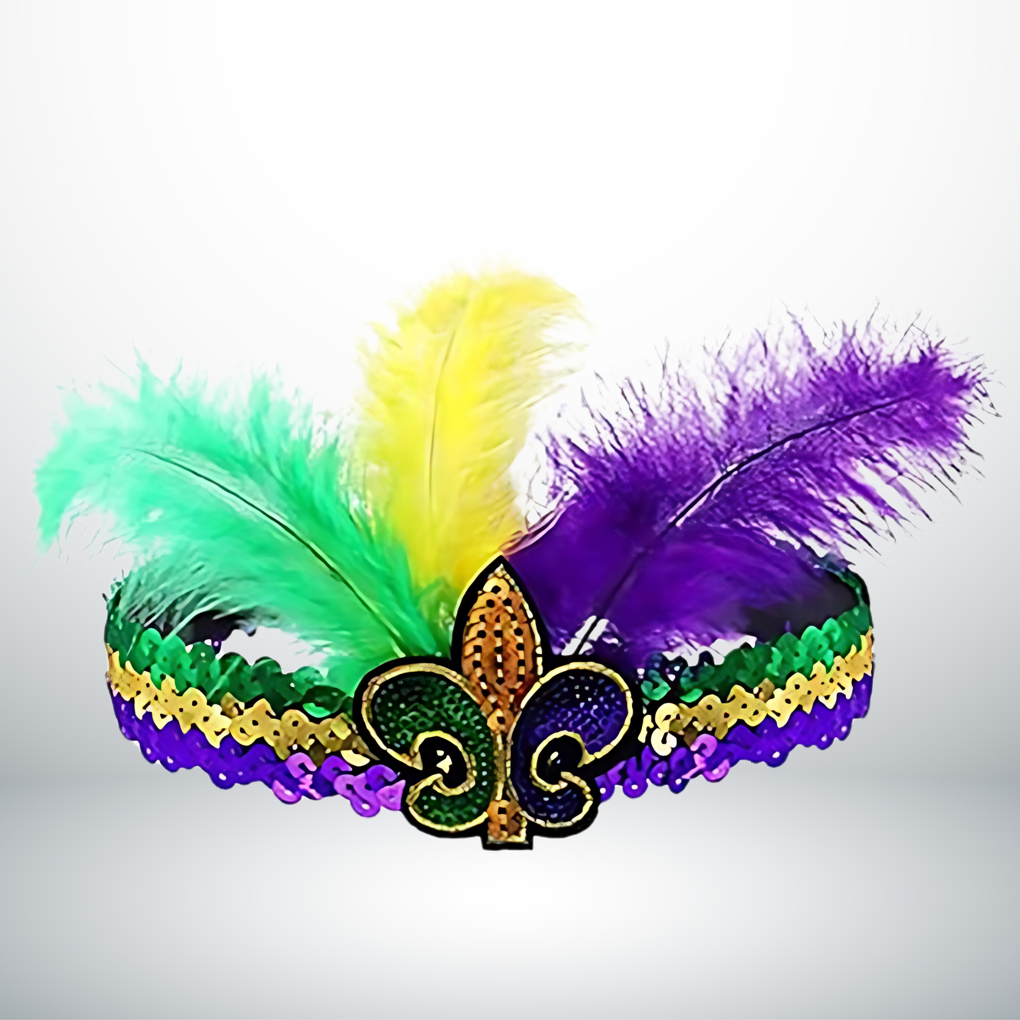 Side view of a Mardi Gras headband with colorful feathers and a sparkling Fleur De Lis centerpiece.