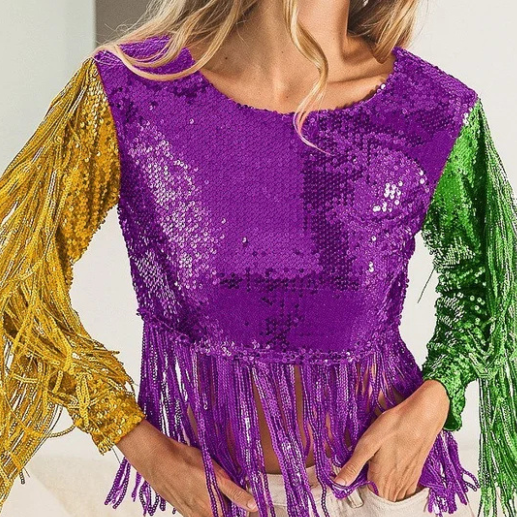 Mardi Gras Fringe Detailed Sequins Crop Top