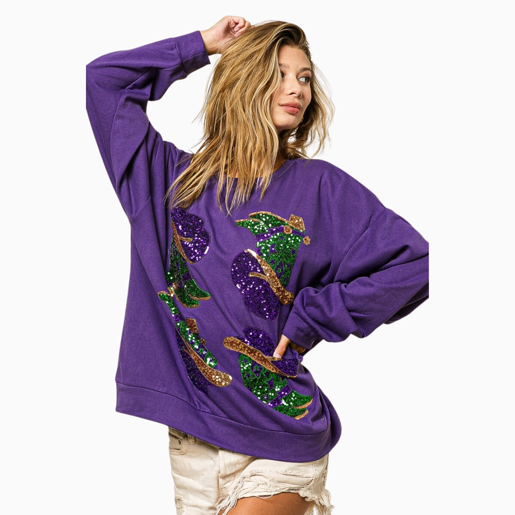 Mardi Gras Western Boots Pullover