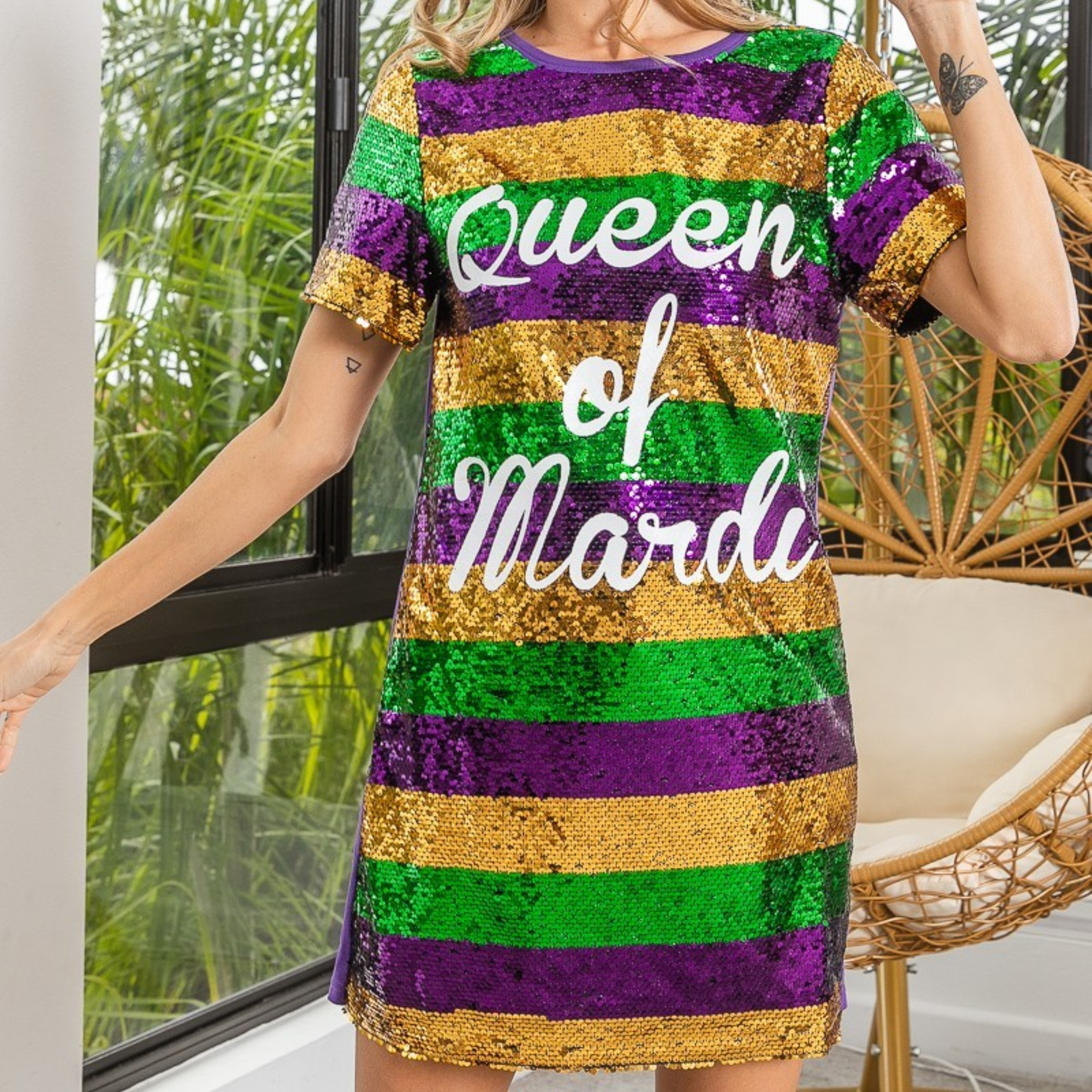 Mardi Gras Printed Color Block Sequins Dress S Mardi Gras Printed Color Block Sequins Dress S