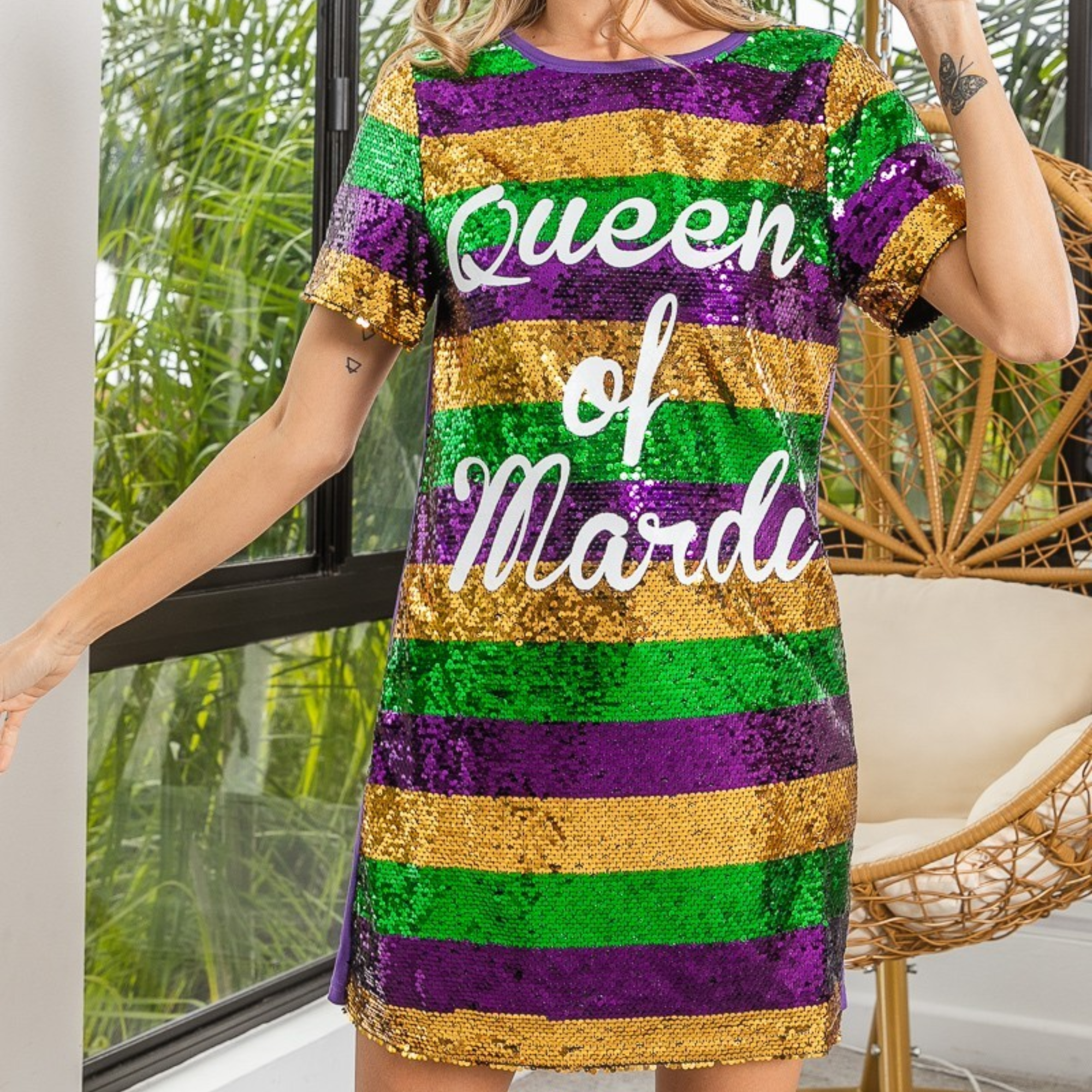 Mardi Gras Printed Color Block Sequins Dress