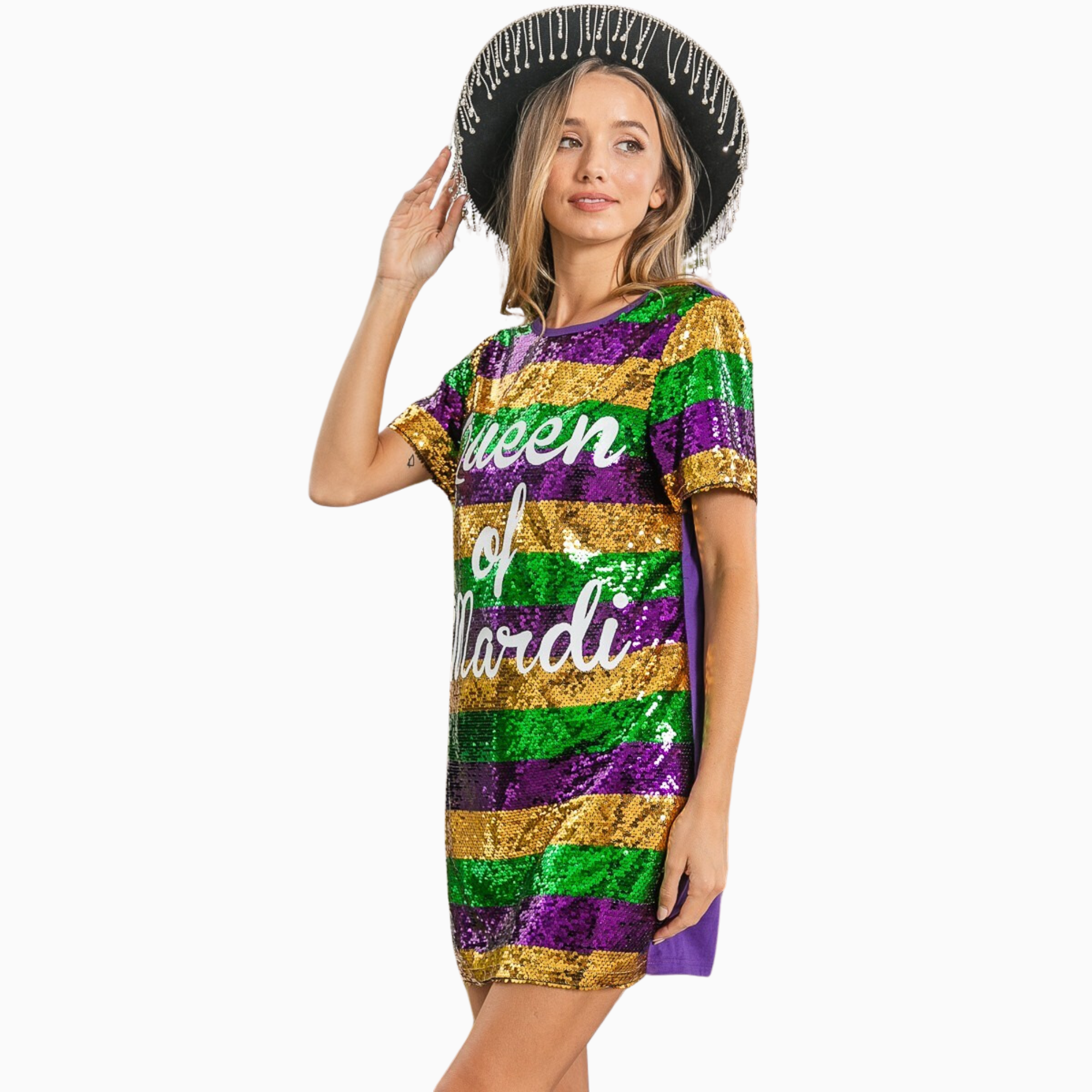 Mardi Gras Printed Color Block Sequins Dress