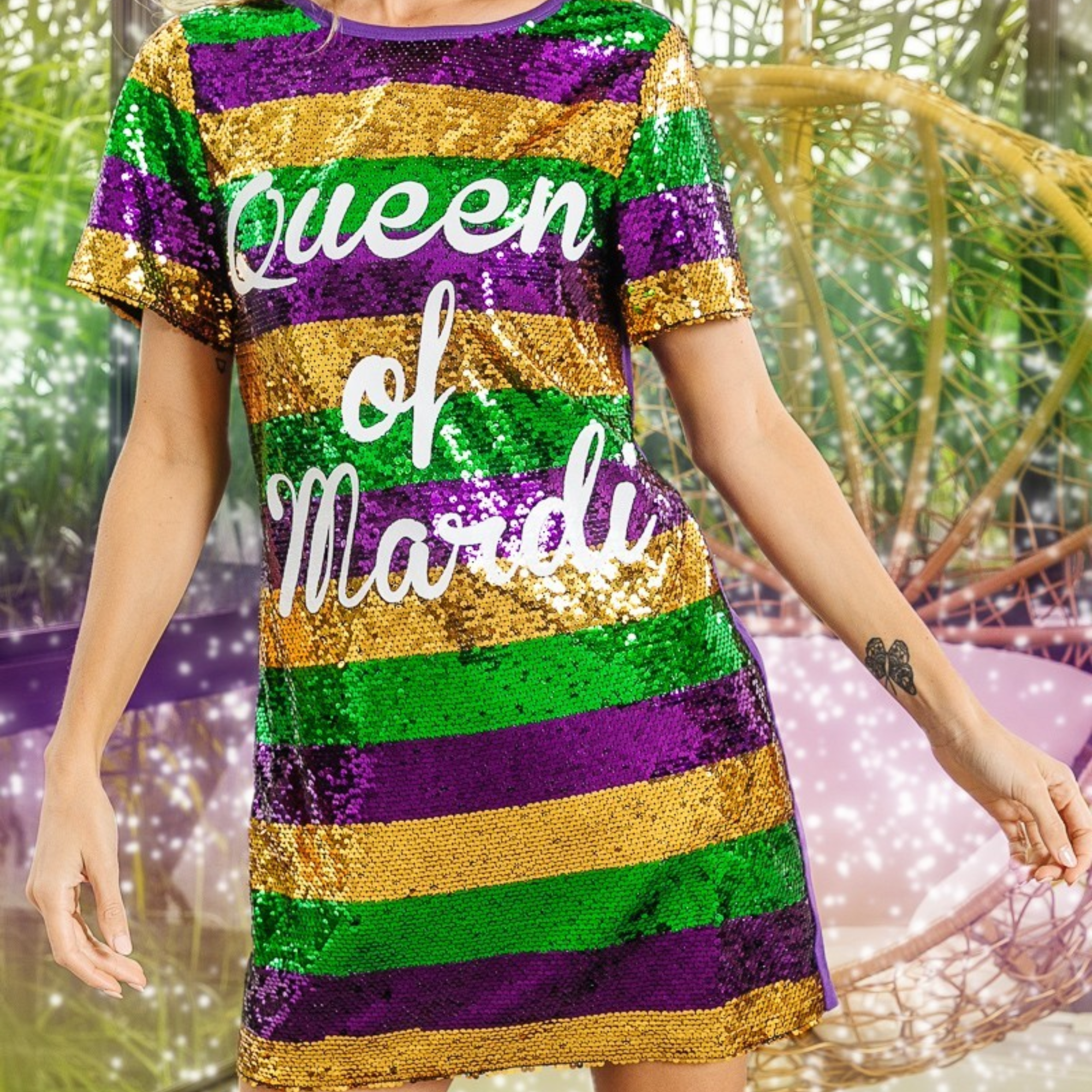 Mardi Gras Printed Color Block Sequins Dress