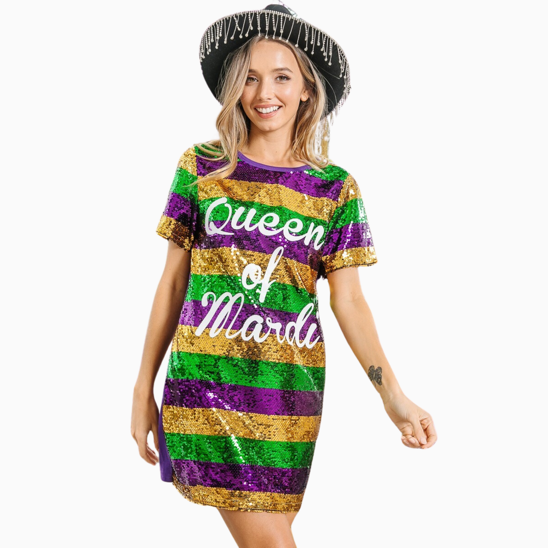 slim fit dress slacks Mardi Gras Printed Color Block Sequins Dress S