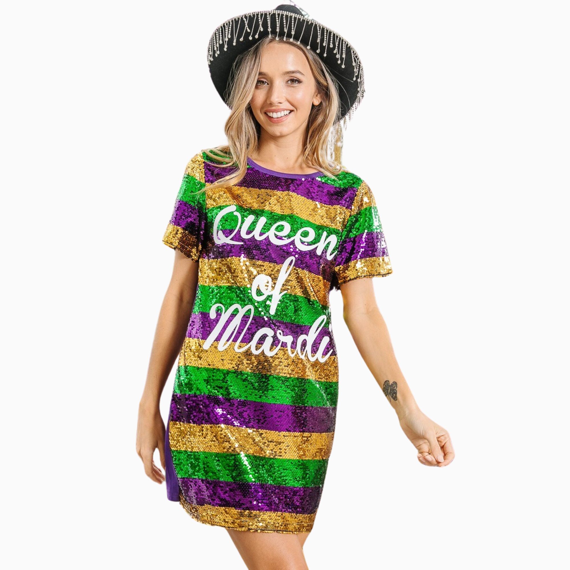 Mardi Gras Printed Color Block Sequins Dress