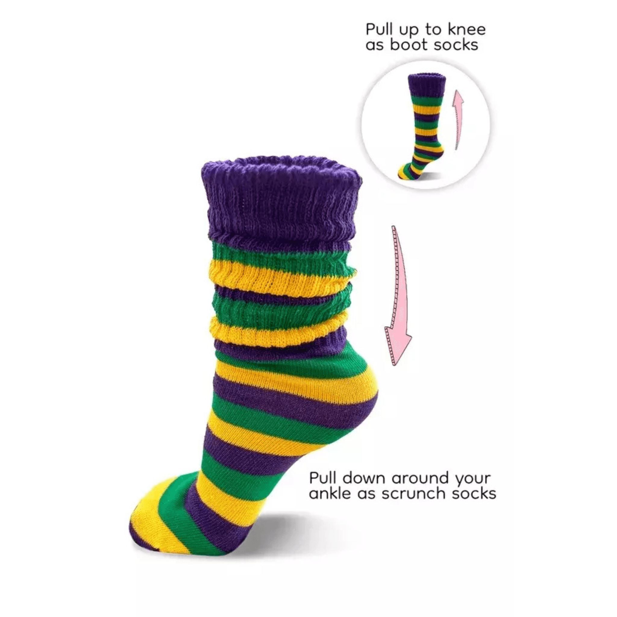 Mardi Gras Purple Yellow and Green Striped Slouchy Socks