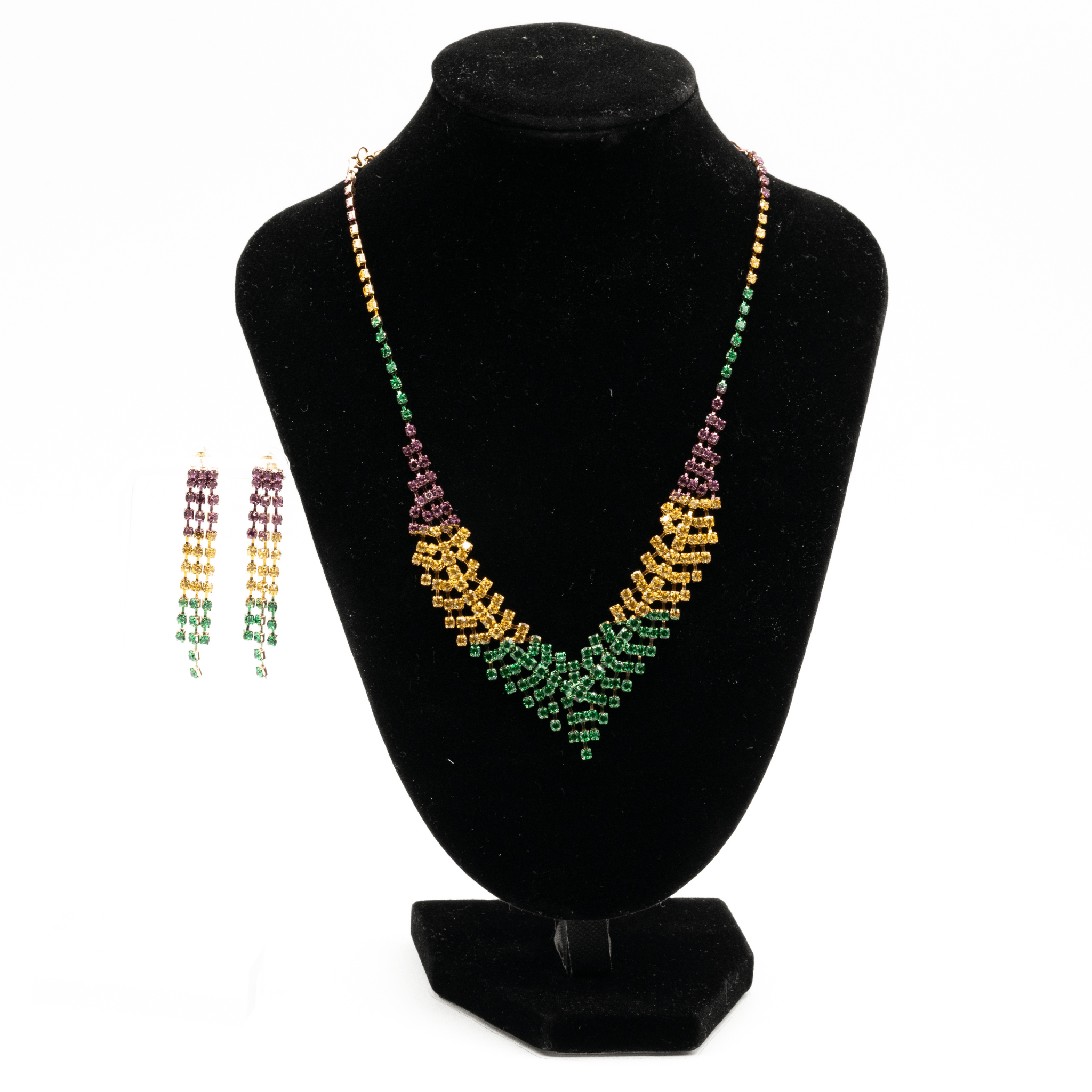 Mardi Gras Rhinestone Chevron Necklace and Earrings Set