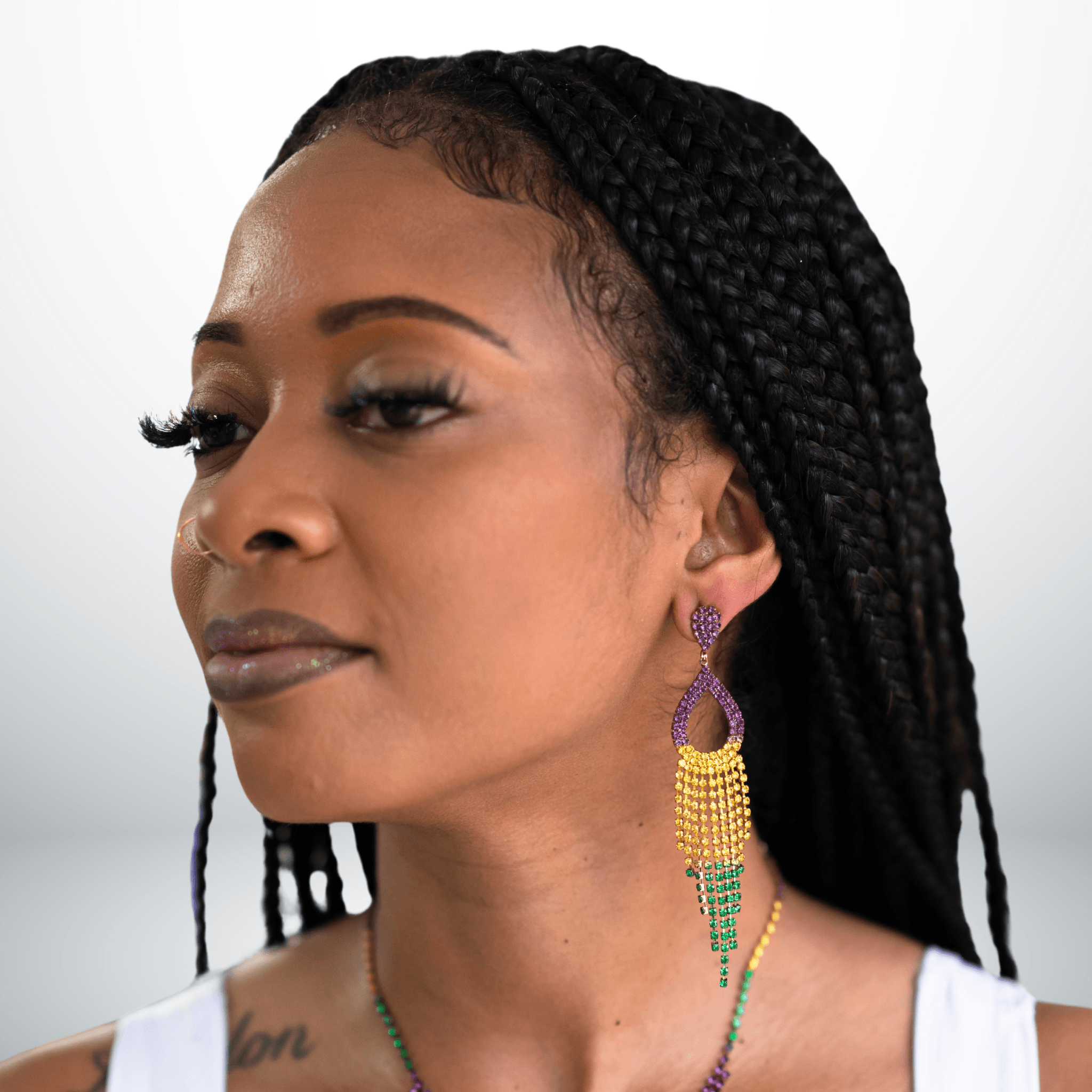 Mardi Gras Rhinestone Fringe Teardrop Earrings