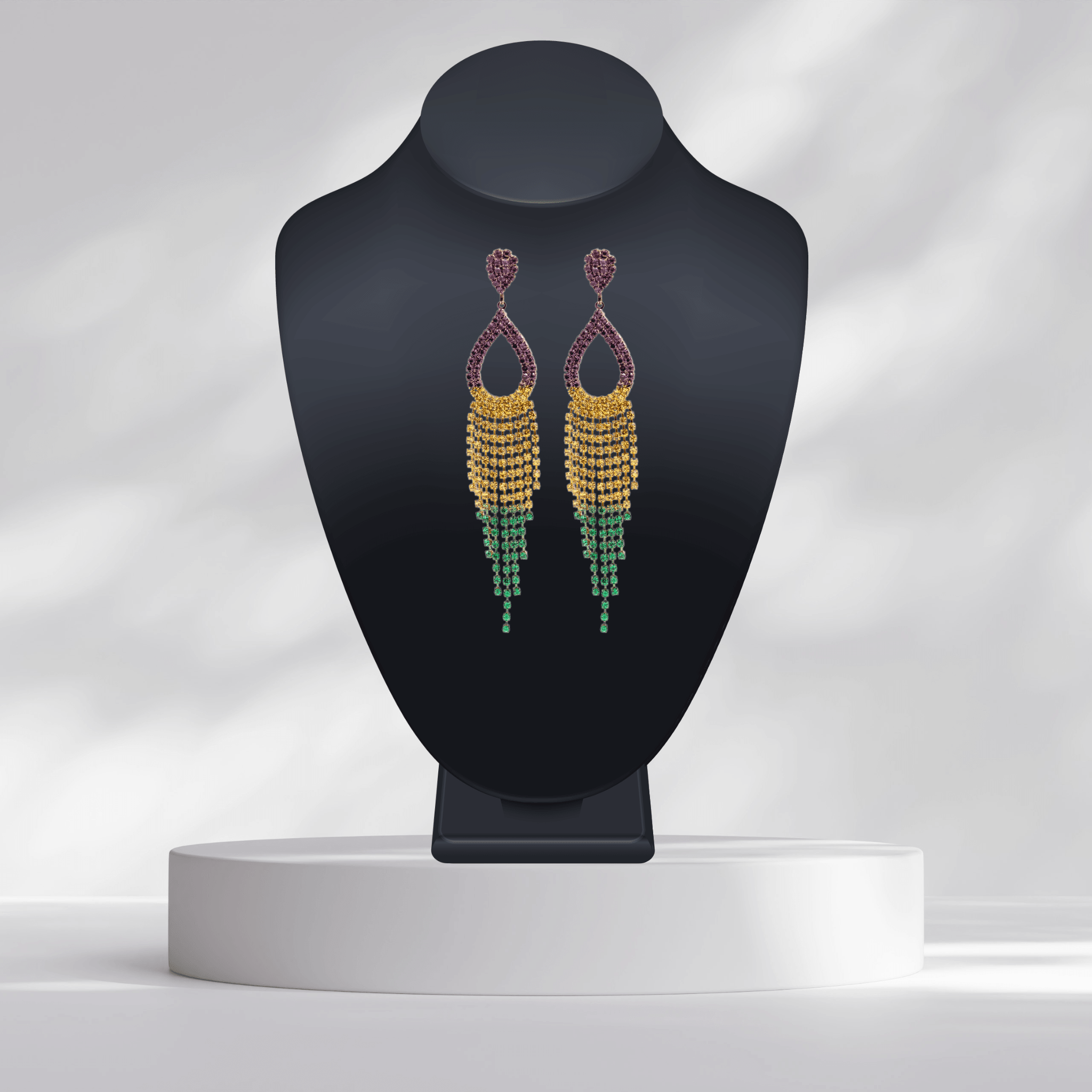 Mardi Gras Rhinestone Fringe Teardrop Earrings