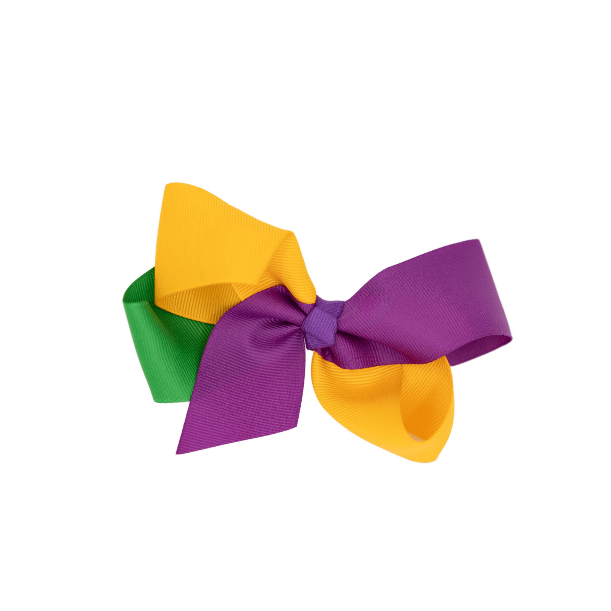 Mardi Gras Ribbon Bow Hair Clip with purple, green, and gold ribbon attached to a sturdy alligator clip, perfect for festive celebrations.