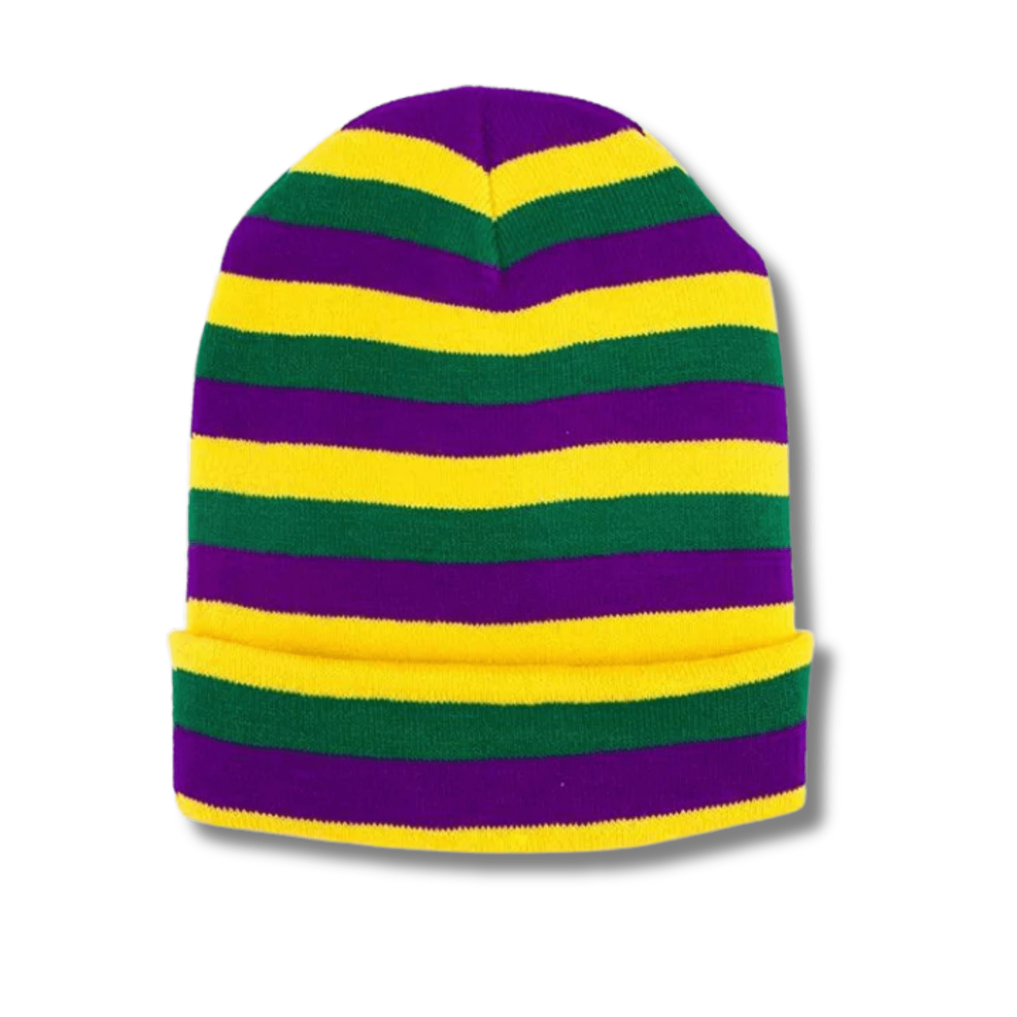 Mardi Gras beanie hat with purple, green, and yellow stripes