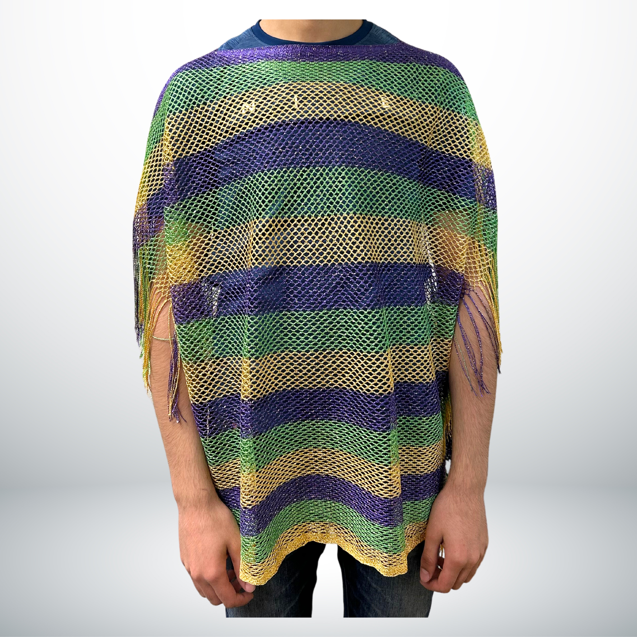 Mardi Gras Mesh Striped Poncho – Purple, Green, Gold