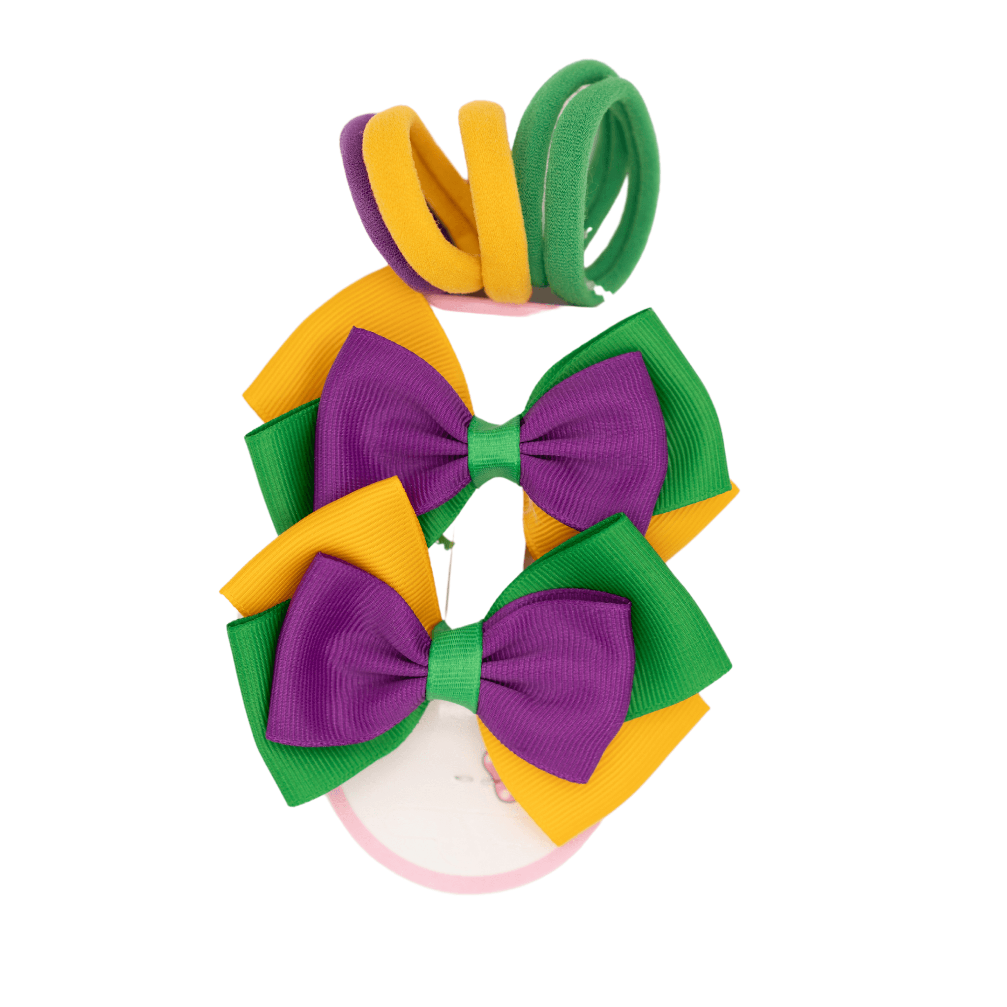 Mardi Gras Hair Bow and Elastic Set in purple, green, and gold with matching elastic hair ties, perfect for festive celebrations